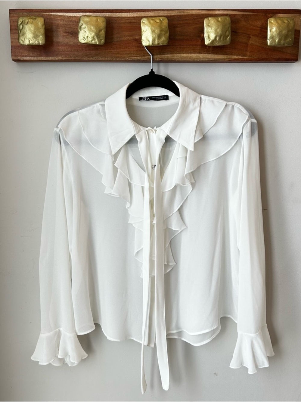 Zara Ivory Ruffle Tie-Neck Sheer Blouse Size XS